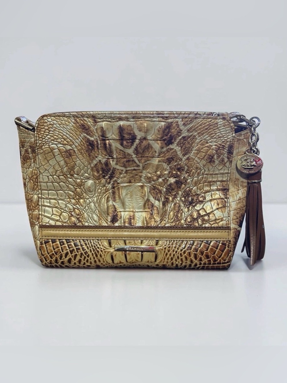 Brahmin Croc Embossed Leather Purse Brown Tan Tassel Handbag Shoulder Bag